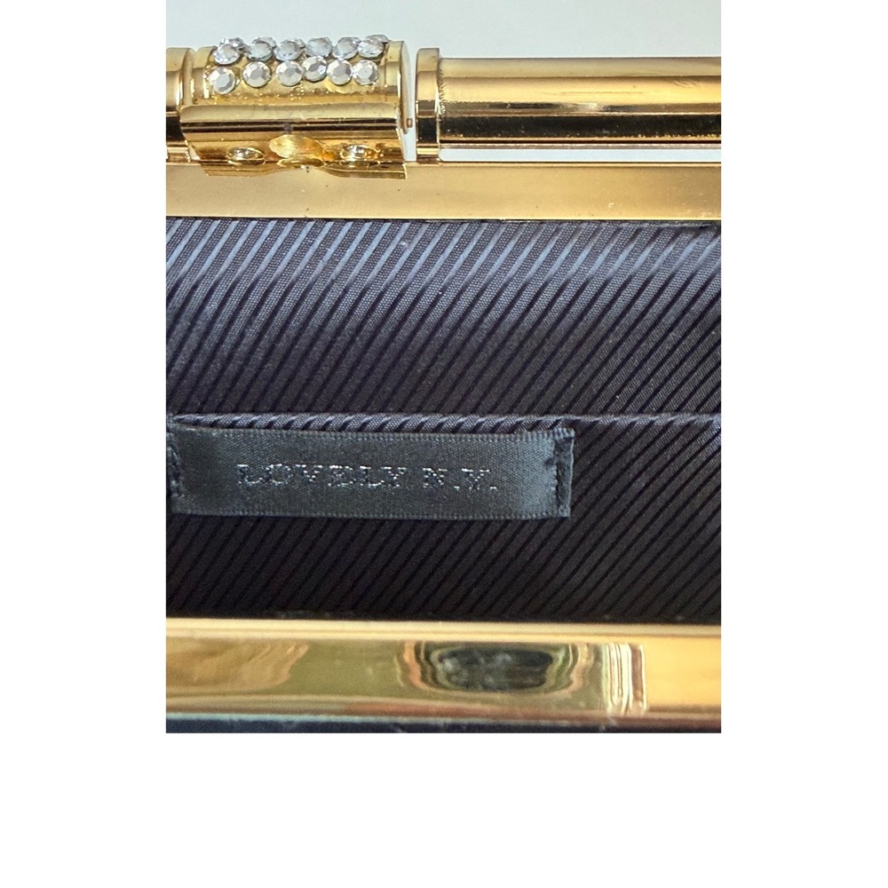 Lovely N.Y. Black Satin Pleated Evening Clutch Bag Gold Frame Rhinestone Accent - Picture 3 of 5